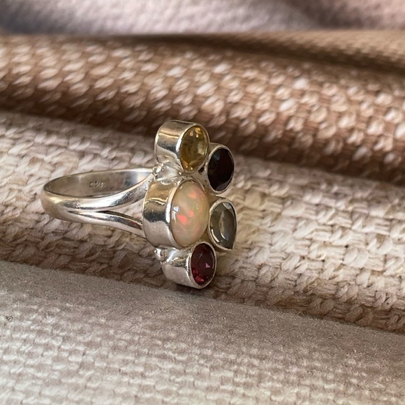 925 silver and natural Opal multi gemstone ring Adjustable Ring!! OS “VIBES” - Picture 5 of 16